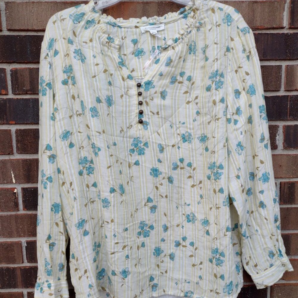 Beach Lunch Lounge Floral Stripe Cotton Peasant Blouse - Picture 2 of 7